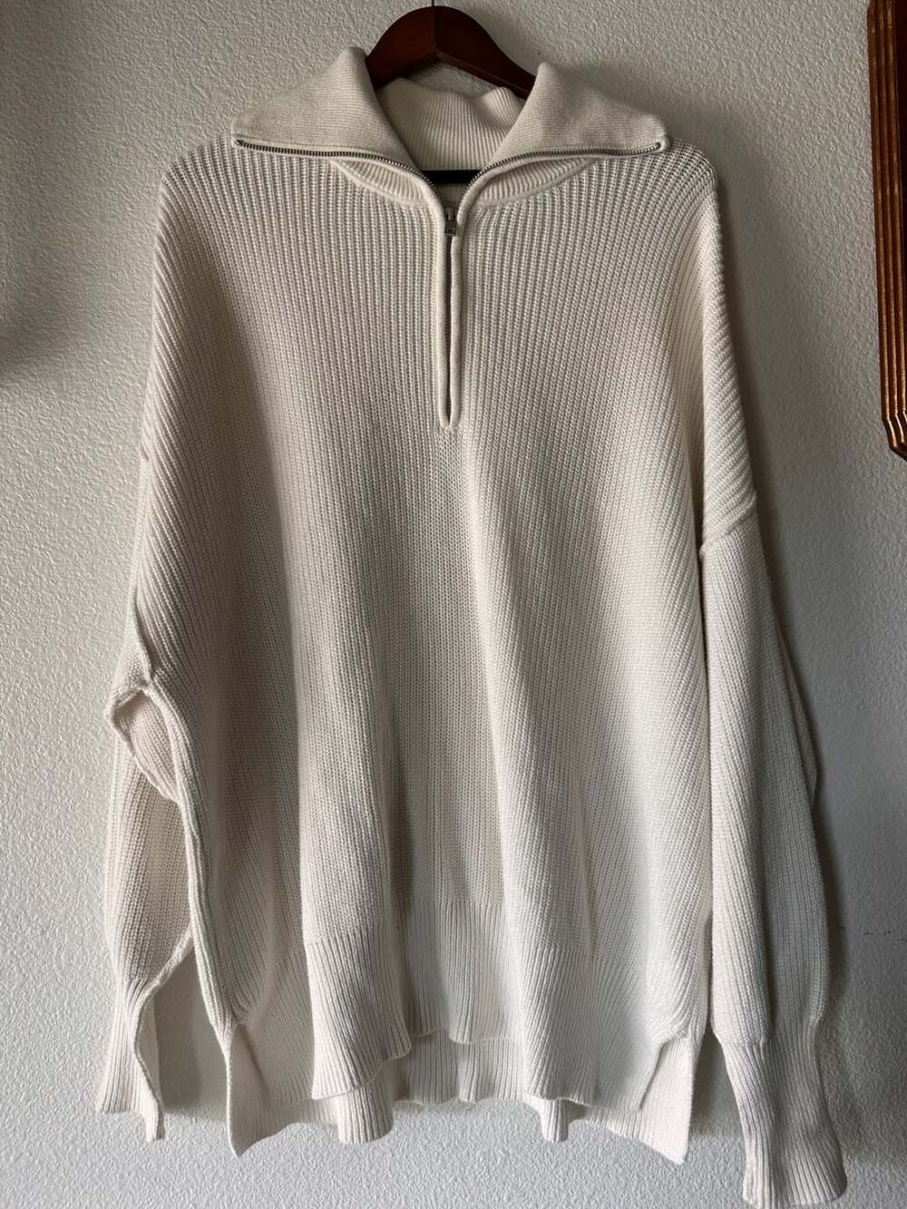 Aerie Quarter Zip Sweater Size S/P White Ribbed Knit Oversized